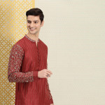 Men Red & Gold-Toned Ethnic Motifs Printed Thread Work Kurta