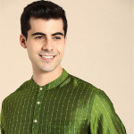 Men Olive Green & Gold-Toned Ethnic  Woven Design Kurta