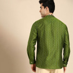 Men Olive Green & Gold-Toned Ethnic  Woven Design Kurta