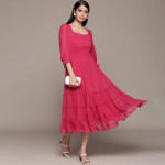 Solid Chiffon Smocked Tiered Midi Dress