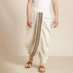 Mens Cream-Coloured Pure Cotton Double Layer Dhoti Gold Zari Border